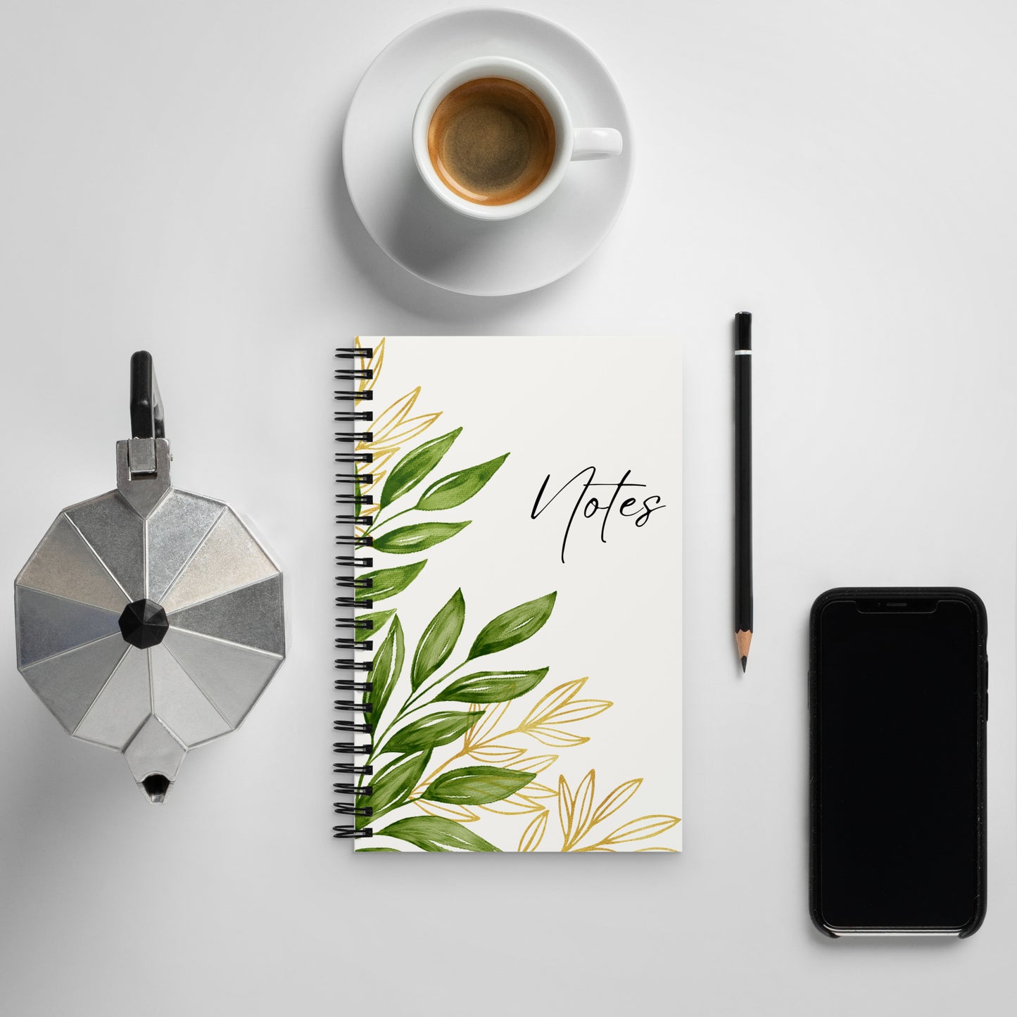 Notes - Spiral notebook - Gold & green leaf design